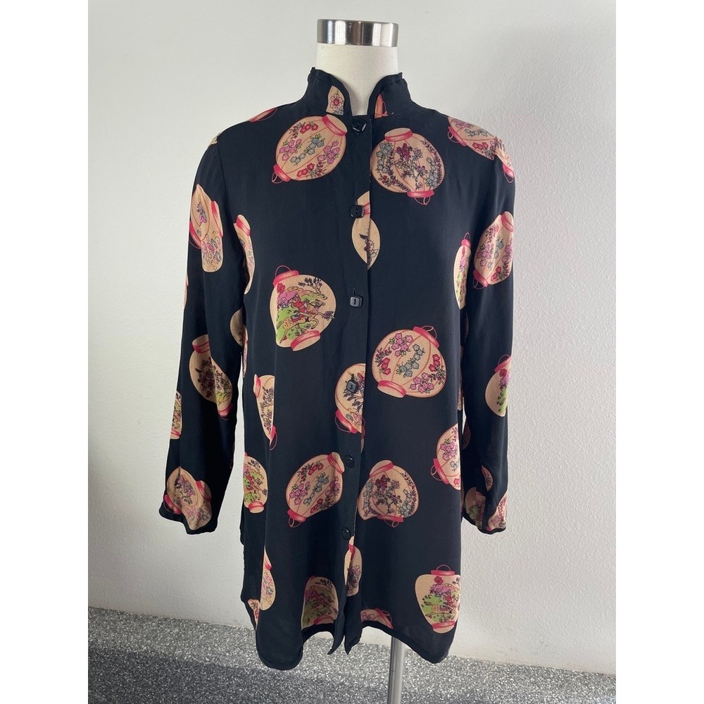 Harari Women Medium 100% Silk Button Up Long Sleeve Blouse Tunic Top Asian